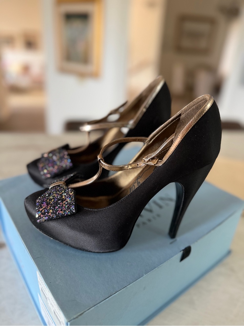 Lanvin Black Mary Jane Heels with Multicolor Glitter Bow